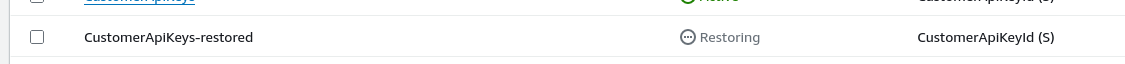 Screenshot of the DynamoDB table restoring