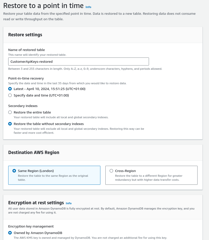 Screenshot of the DynamoDB PITR form